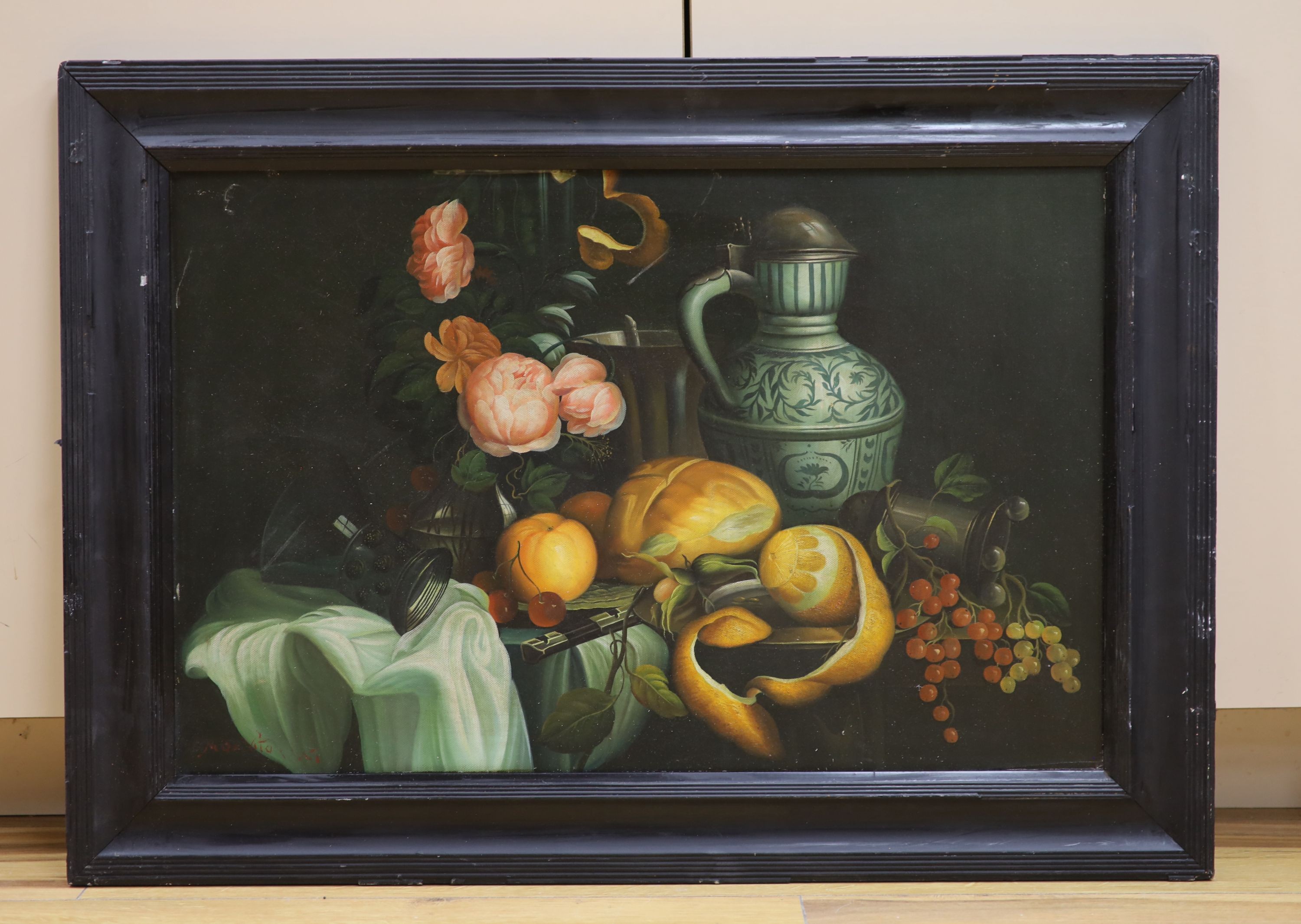 A modern oil on canvas board, Still life with fruit and flowers, indistinctly signed, 40 x 61cm